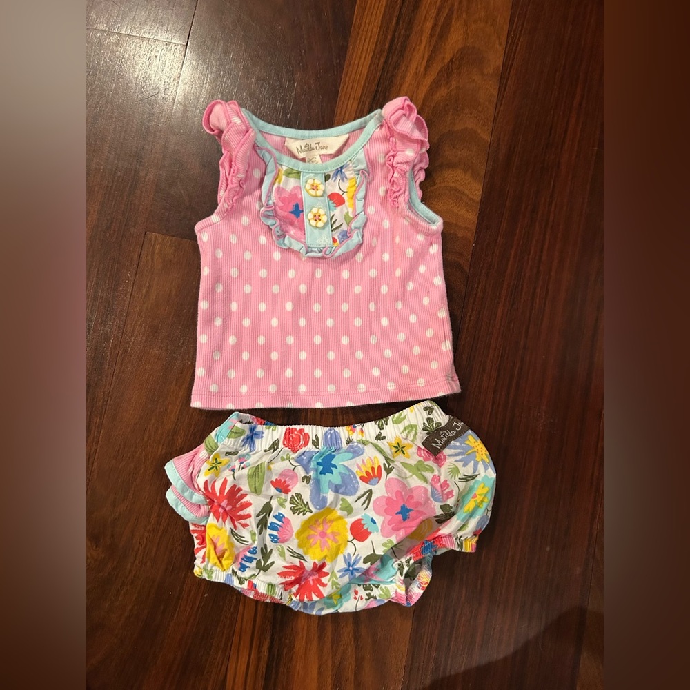 Matilda Jane Pink Polka Dot Summer Top & Floral Bottoms W/Ruffle NWOT